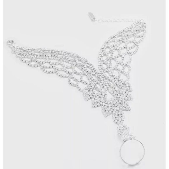 White bracelet Silver Clear Crystal Rhinestone Wedding hanf Chain Ring Bracelet - Picture 3 of 4